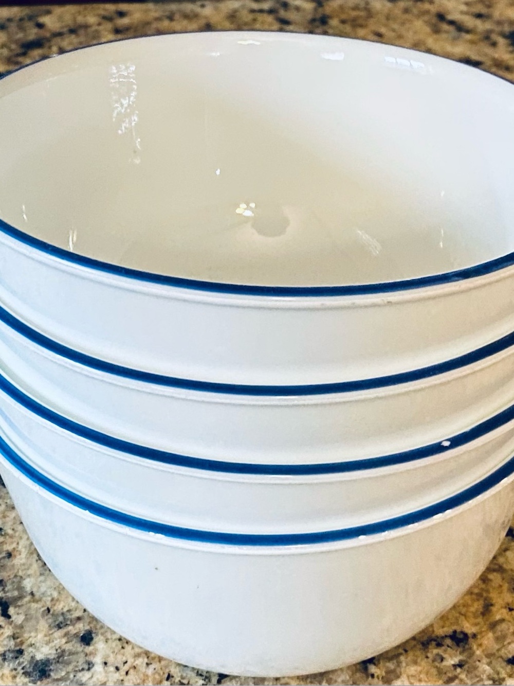 White Ceramic Dinner Bowls with Blue Rim - Set of 4